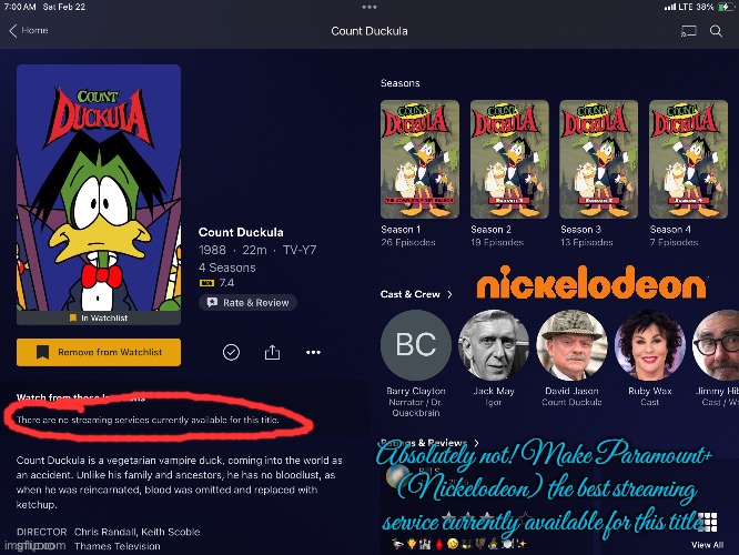 Count Duckula Needs to be on Paramount+ (Nick) | Absolutely not! Make Paramount+ (Nickelodeon) the best streaming service currently available for this title. | image tagged in paramount,nickelodeon,80s,nostalgia,vampire,cartoon | made w/ Imgflip meme maker