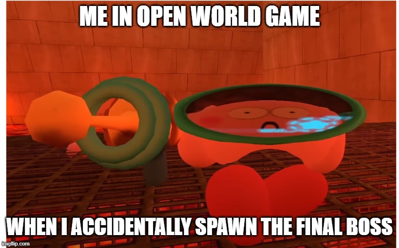 (final boss theme intensifies | ME IN OPEN WORLD GAME; WHEN I ACCIDENTALLY SPAWN THE FINAL BOSS | image tagged in kirby realises his sins,surprised | made w/ Imgflip meme maker