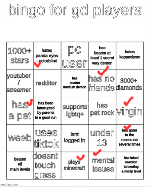 gd bingo | image tagged in gd bingo | made w/ Imgflip meme maker