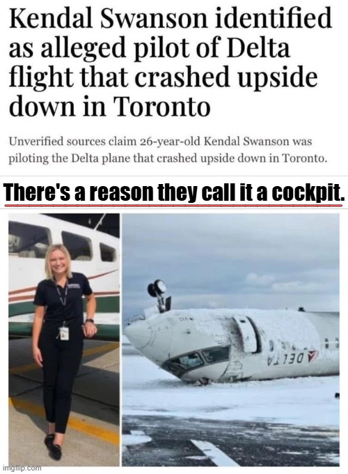 Investigation continues... | ____________________________; There's a reason they call it a cockpit. | image tagged in delta,airlines,crash,pilot,investigation,female | made w/ Imgflip meme maker