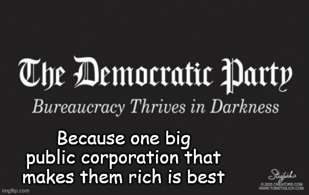 What democrats stand for | Because one big public corporation that makes them rich is best | image tagged in democrats,corruption,one in the same | made w/ Imgflip meme maker