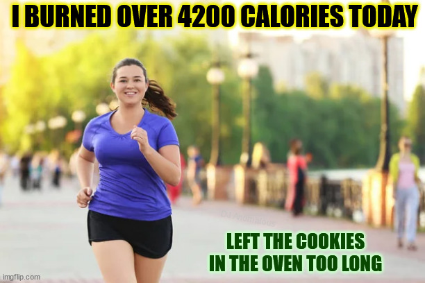 Today it's store-bought | I BURNED OVER 4200 CALORIES TODAY; LEFT THE COOKIES IN THE OVEN TOO LONG; DJ Anomalous | image tagged in exercise,calories,burning,cookies | made w/ Imgflip meme maker