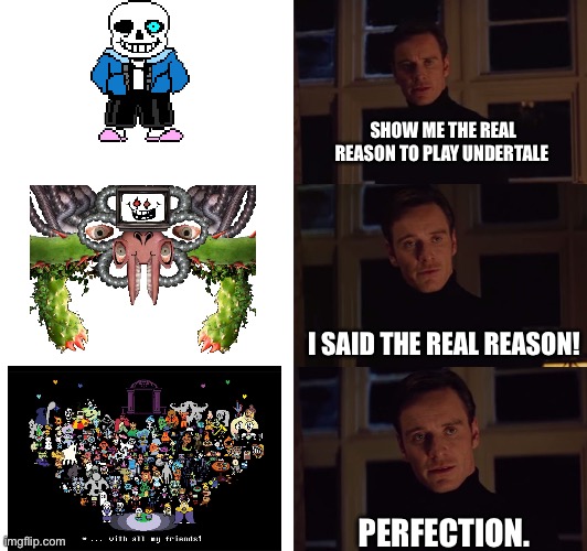 This is just my opinion people! Don’t Gaster Blaster or Hyperbeam me | SHOW ME THE REAL REASON TO PLAY UNDERTALE; I SAID THE REAL REASON! PERFECTION. | image tagged in perfection | made w/ Imgflip meme maker