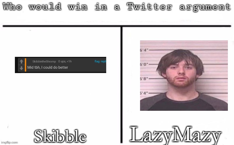 Pitting random mfs against each other | LazyMazy; Skibble | image tagged in pitting random mfs against each other,memes,msmg | made w/ Imgflip meme maker