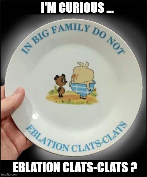 Something Got Lost In Translation | I'M CURIOUS ... EBLATION CLATS-CLATS ? | image tagged in plate,lost in translation | made w/ Imgflip meme maker