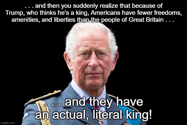 King Charles Versus King Donald | . . . and then you suddenly realize that because of Trump, who thinks he's a king, Americans have fewer freedoms, amenities, and liberties than the people of Great Britain . . . . . . and they have an actual, literal king! | image tagged in king charles,donald trump,i hate donald trump,i hate maga | made w/ Imgflip meme maker