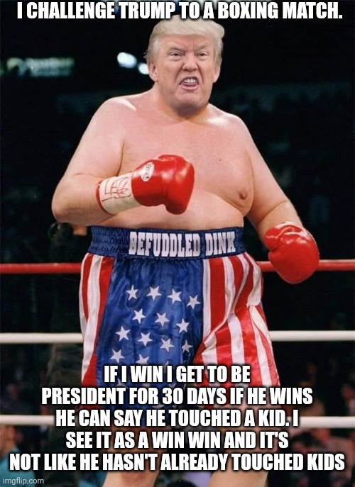 Trump is going down | I CHALLENGE TRUMP TO A BOXING MATCH. IF I WIN I GET TO BE PRESIDENT FOR 30 DAYS IF HE WINS HE CAN SAY HE TOUCHED A KID. I SEE IT AS A WIN WIN AND IT'S NOT LIKE HE HASN'T ALREADY TOUCHED KIDS | image tagged in trump boxing | made w/ Imgflip meme maker