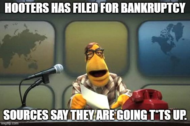 Muppet News Flash | HOOTERS HAS FILED FOR BANKRUPTCY; SOURCES SAY THEY ARE GOING T*TS UP. | image tagged in muppet news flash,hooters,hooters girls,bad jokes | made w/ Imgflip meme maker