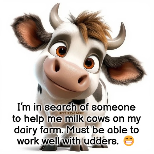 I’m in search of someone 
to help me milk cows on my 
dairy farm. Must be able to 
work well with udders. 😁; HAPPY PETS & MORE ... | made w/ Imgflip meme maker