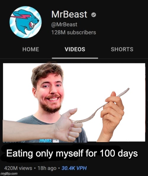 Eating only myself | Eating only myself for 100 days | image tagged in mrbeast thumbnail template | made w/ Imgflip meme maker