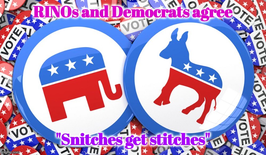 Republicans and Democrats together | RINOs and Democrats agree "Snitches get stitches" | image tagged in republicans and democrats together | made w/ Imgflip meme maker