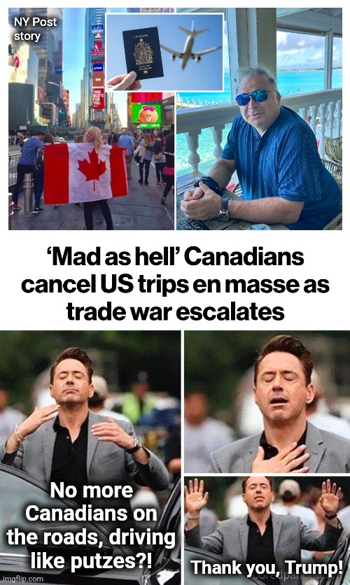 They drive slow, and use their turn signals!  To hell with 'em!!! | NY Post
story; No more
Canadians on
the roads, driving
like putzes?! Thank you, Trump! | image tagged in gradeful robert downey jr,memes,canada,trade war,trump derangement syndrome,drivers | made w/ Imgflip meme maker