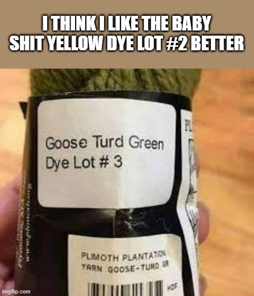 memes by Brad - Would you believe they have a yarn color "Goose Turd Green"? | I THINK I LIKE THE BABY SHIT YELLOW DYE LOT #2 BETTER | image tagged in funny,fun,colors,yarn,humor,goose | made w/ Imgflip meme maker