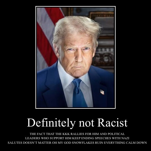 Definitely not Racist | THE FACT THAT THE KKK RALLIES FOR HIM AND POLITICAL LEADERS WHO SUPPORT HIM KEEP ENDING SPEECHES WITH NAZI SALUTES D | image tagged in funny,demotivationals | made w/ Imgflip demotivational maker