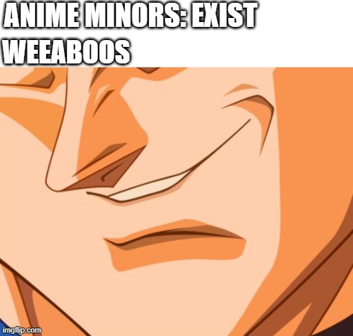 somebody call the cops | ANIME MINORS: EXIST; WEEABOOS | image tagged in vegeta evil smile,anime meme,anime,weeaboo,911,vegeta | made w/ Imgflip meme maker