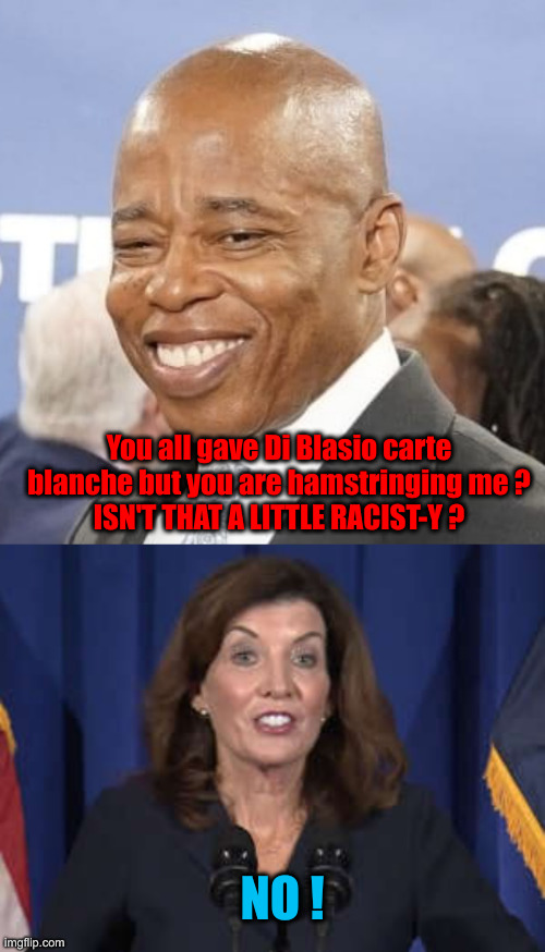 Gotcha ! | You all gave Di Blasio carte blanche but you are hamstringing me ?
ISN'T THAT A LITTLE RACIST-Y ? NO ! | image tagged in eric adams,kathy hochul,political meme,politics,funny memes,funny | made w/ Imgflip meme maker