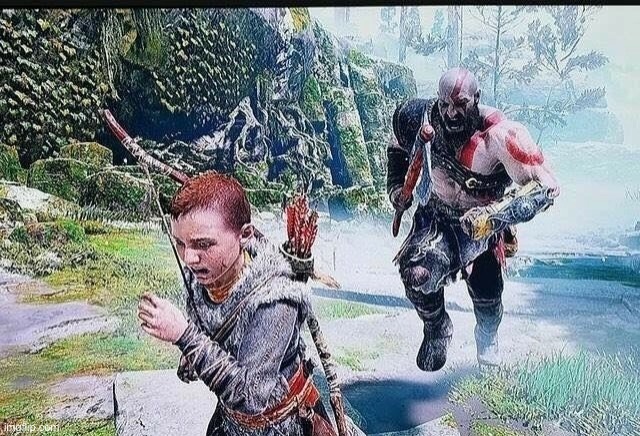 Kratos chasing Atreus | image tagged in kratos chasing atreus | made w/ Imgflip meme maker