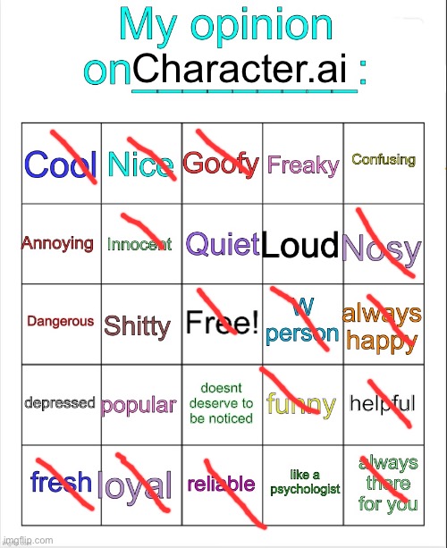 More bingo time. | Character.ai | image tagged in my opinion on ___ bingo by owu | made w/ Imgflip meme maker