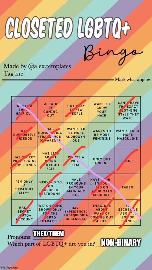 Closeted LGBTQ+ Bingo | THEY/THEM; NON-BINARY | image tagged in closeted lgbtq bingo | made w/ Imgflip meme maker