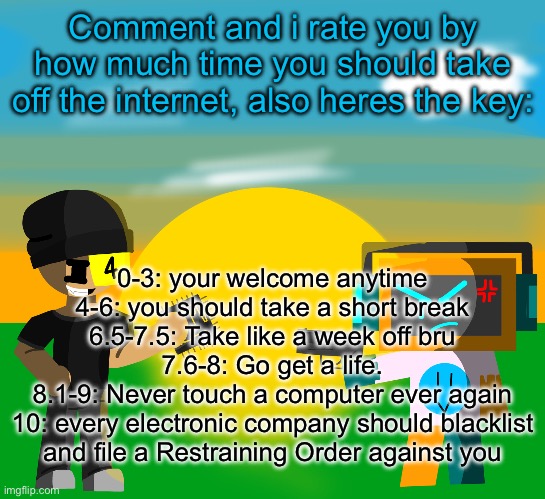 Comment and i rate you by how much time you should take off the internet, also heres the key:; 0-3: your welcome anytime
4-6: you should take a short break
6.5-7.5: Take like a week off bru
7.6-8: Go get a life.
8.1-9: Never touch a computer ever again
10: every electronic company should blacklist and file a Restraining Order against you | made w/ Imgflip meme maker