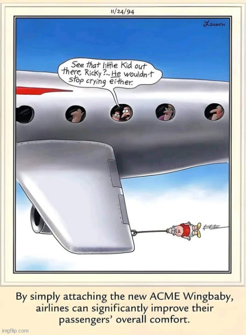 Discontinued after "the incident" •   \ ᴶᴷ / • | THE FAR SIDE by Gary Larson, November 24, 1994 | image tagged in airplane,travel,discipline,child,comfort,comics | made w/ Imgflip meme maker