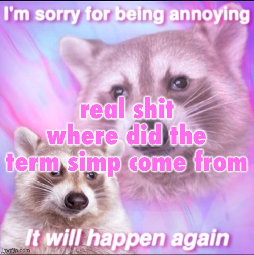 sorry for being annoying | real shit where did the term simp come from | image tagged in sorry for being annoying | made w/ Imgflip meme maker