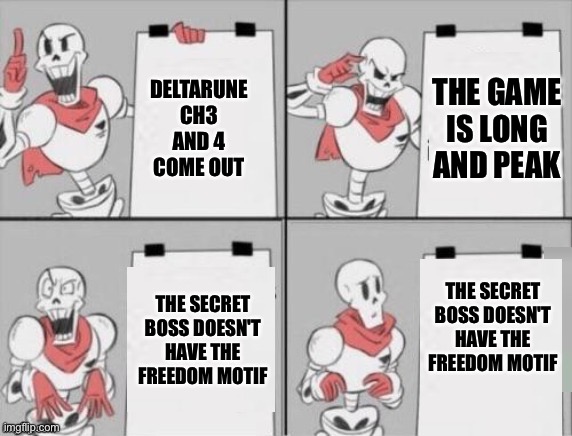 If this happens ima just kms | DELTARUNE CH3 AND 4 COME OUT; THE GAME IS LONG AND PEAK; THE SECRET BOSS DOESN'T HAVE THE FREEDOM MOTIF; THE SECRET BOSS DOESN'T HAVE THE FREEDOM MOTIF | image tagged in papyrus plan | made w/ Imgflip meme maker