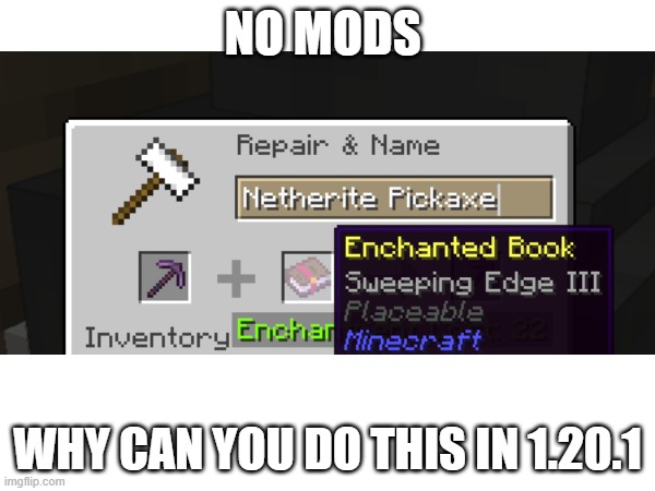 NO MODS; WHY CAN YOU DO THIS IN 1.20.1 | made w/ Imgflip meme maker