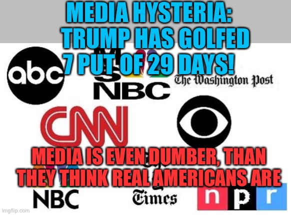 Media and Democrats, zero self awareness | MEDIA HYSTERIA:    TRUMP HAS GOLFED 7 PUT OF 29 DAYS! MEDIA IS EVEN DUMBER, THAN THEY THINK REAL AMERICANS ARE | image tagged in lib mainstream media,democrats,hypocrite,fake news,msm lies | made w/ Imgflip meme maker