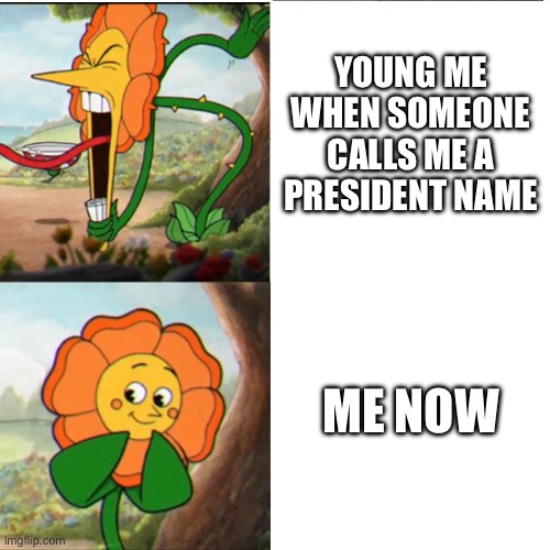 Cuphead Flower | YOUNG ME WHEN SOMEONE CALLS ME A PRESIDENT NAME; ME NOW | image tagged in cuphead flower | made w/ Imgflip meme maker