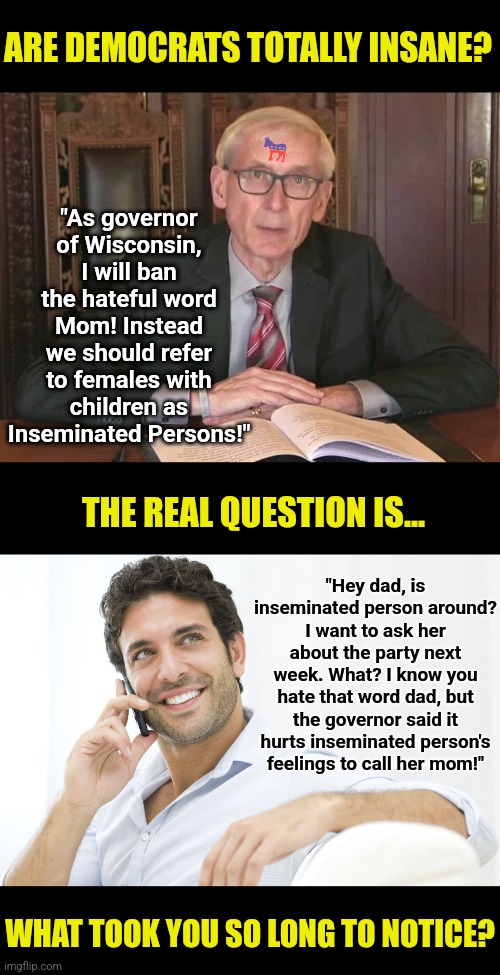 Democrats want to ban the word "mom" now??!!? Stop voting for these trans-fetish idiots! Their war on women is unbelievable! | ARE DEMOCRATS TOTALLY INSANE? "As governor of Wisconsin, I will ban the hateful word Mom! Instead we should refer to females with children as Inseminated Persons!"; THE REAL QUESTION IS... "Hey dad, is inseminated person around? I want to ask her about the party next week. What? I know you hate that word dad, but the governor said it hurts inseminated person's feelings to call her mom!"; WHAT TOOK YOU SO LONG TO NOTICE? | image tagged in leave it to evers,democratic party,stupid liberals,liberal logic,women,transgender | made w/ Imgflip meme maker