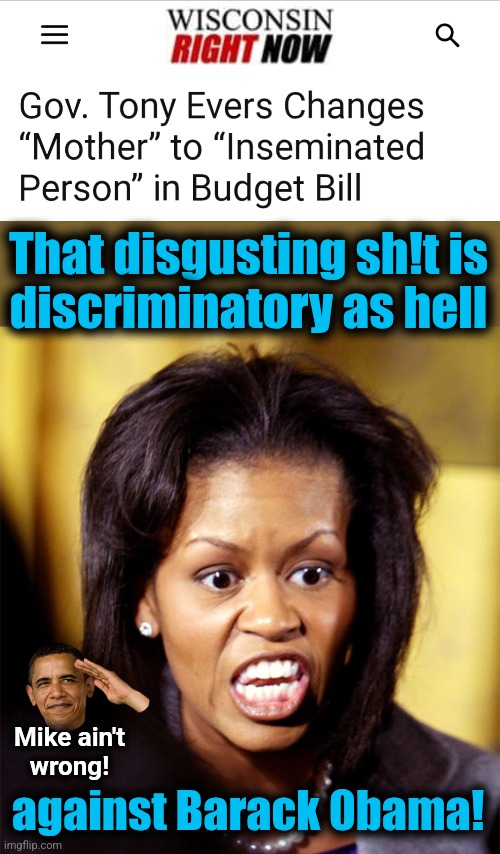 That's definitely "inclusive"! | That disgusting sh!t is
discriminatory as hell; against Barack 0bama! Mike ain't
wrong! | image tagged in memes,michelle obama,barack 0bama,inseminated person,democrats,mother | made w/ Imgflip meme maker