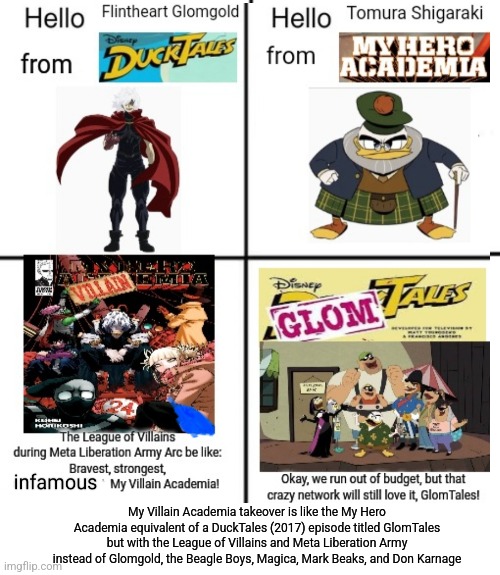 My comparison between Meta Liberation Army Arc and GlomTales was coincidental | My Villain Academia takeover is like the My Hero Academia equivalent of a DuckTales (2017) episode titled GlomTales but with the League of Villains and Meta Liberation Army instead of Glomgold, the Beagle Boys, Magica, Mark Beaks, and Don Karnage | image tagged in hello person from,my hero academia,ducktales,budget cuts,villain,coincidence i think not | made w/ Imgflip meme maker