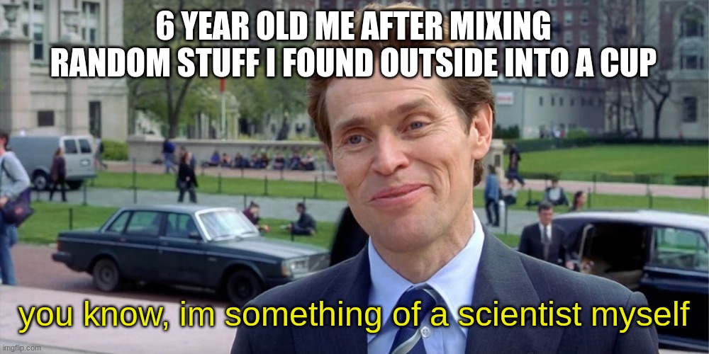 FR | 6 YEAR OLD ME AFTER MIXING RANDOM STUFF I FOUND OUTSIDE INTO A CUP; you know, im something of a scientist myself | image tagged in you know i'm something of a scientist myself | made w/ Imgflip meme maker