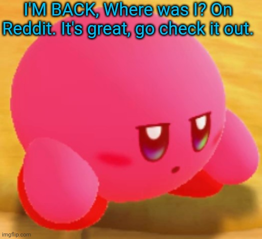 Sad Kirby | I'M BACK, Where was I? On Reddit. It's great, go check it out. | image tagged in sad kirby | made w/ Imgflip meme maker