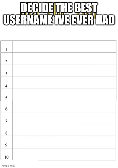 MY TOP TEN LIST | DECIDE THE BEST USERNAME IVE EVER HAD | image tagged in my top ten list | made w/ Imgflip meme maker