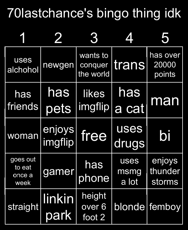 High Quality 70lastchance's bingo thing idk Blank Meme Template