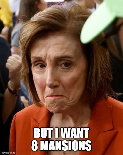 pelosi cry | BUT I WANT 8 MANSIONS | image tagged in pelosi cry | made w/ Imgflip meme maker