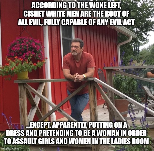 Dissonance | ACCORDING TO THE WOKE LEFT, CISHET WHITE MEN ARE THE ROOT OF ALL EVIL, FULLY CAPABLE OF ANY EVIL ACT; ...EXCEPT, APPARENTLY, PUTTING ON A DRESS AND PRETENDING TO BE A WOMAN IN ORDER TO ASSAULT GIRLS AND WOMEN IN THE LADIES ROOM | image tagged in pondering,memes,politics,woke nonsense | made w/ Imgflip meme maker