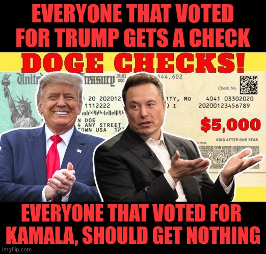 THEY ARE TRYING SO HARD TO KEEP THE CORRUPTION GOING. | EVERYONE THAT VOTED FOR TRUMP GETS A CHECK; EVERYONE THAT VOTED FOR
 KAMALA, SHOULD GET NOTHING | image tagged in memes,liberals,democrats,president trump,elon musk,politics | made w/ Imgflip meme maker