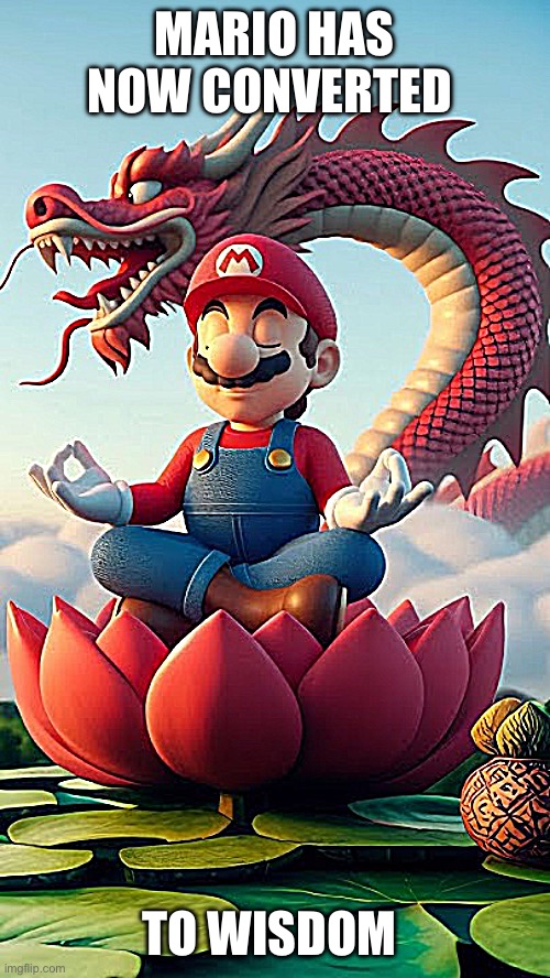 MARIO HAS NOW CONVERTED; TO WISDOM | image tagged in mario,memes,dank,wtf,video games,dragon | made w/ Imgflip meme maker