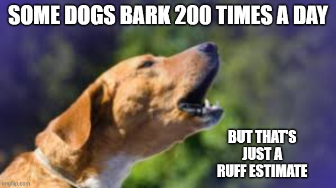 memes by Brad - Dogs bark about 200 times a day, but that's just a ruff estimate. | SOME DOGS BARK 200 TIMES A DAY; BUT THAT'S JUST A RUFF ESTIMATE | image tagged in funny,fun,dogs,play on words,humor,dogs an cats | made w/ Imgflip meme maker