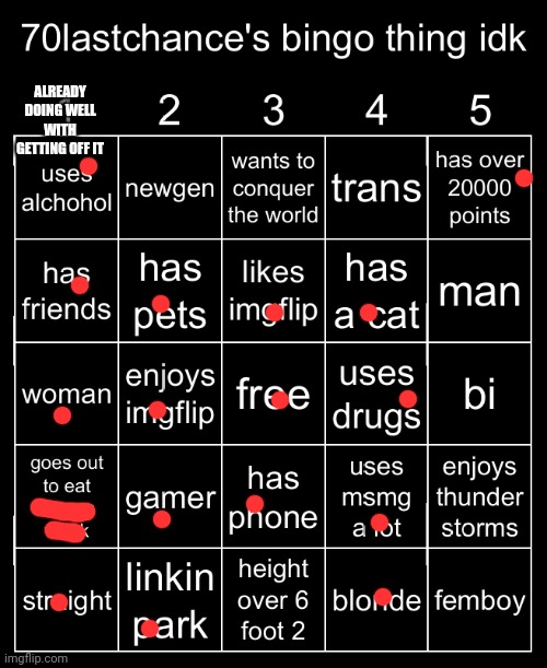 70lastchance's bingo thing idk | ALREADY DOING WELL WITH GETTING OFF IT | image tagged in 70lastchance's bingo thing idk | made w/ Imgflip meme maker