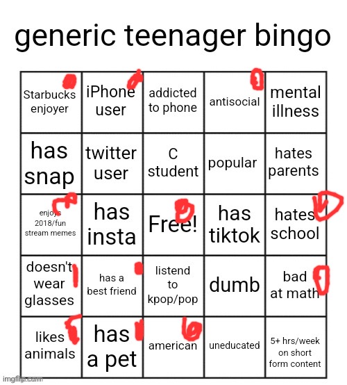 generic teenager bingo | image tagged in generic teenager bingo | made w/ Imgflip meme maker