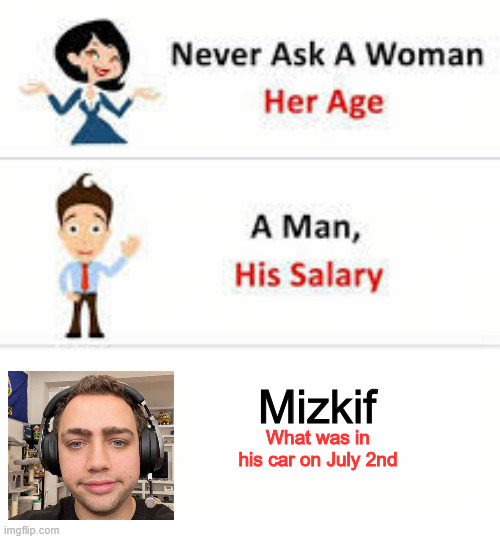 Bruce knows | Mizkif; What was in his car on July 2nd | image tagged in never ask a woman her age | made w/ Imgflip meme maker