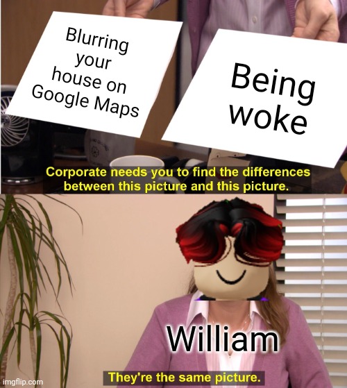 Blurring a house is good and bad. Mostly bad because I get pissed. | Blurring your house on Google Maps; Being woke; William | image tagged in memes,they're the same picture,google maps,william,woke,blur | made w/ Imgflip meme maker