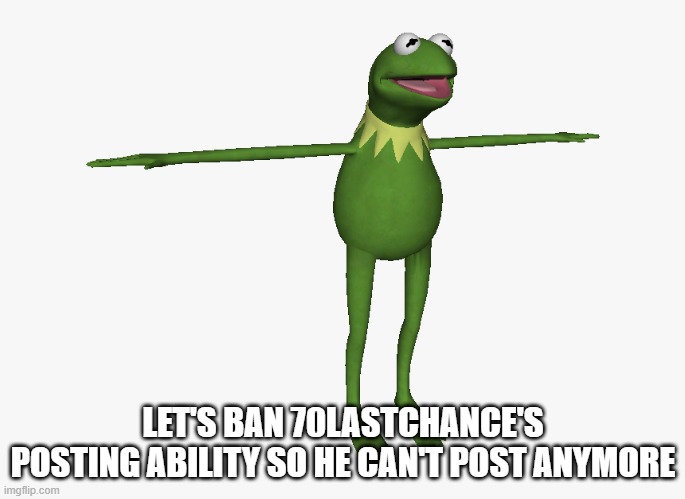 T Pose Kermit | LET'S BAN 70LASTCHANCE'S POSTING ABILITY SO HE CAN'T POST ANYMORE | image tagged in t pose kermit | made w/ Imgflip meme maker