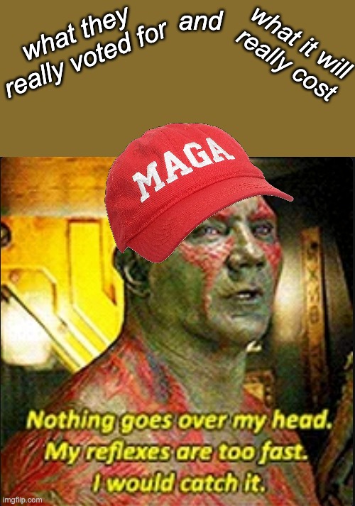 Unfortunately, we're all on the ship together | and; what they really voted for; what it will really cost | image tagged in nothing goes over drax's head,maga,fafo,consequences | made w/ Imgflip meme maker