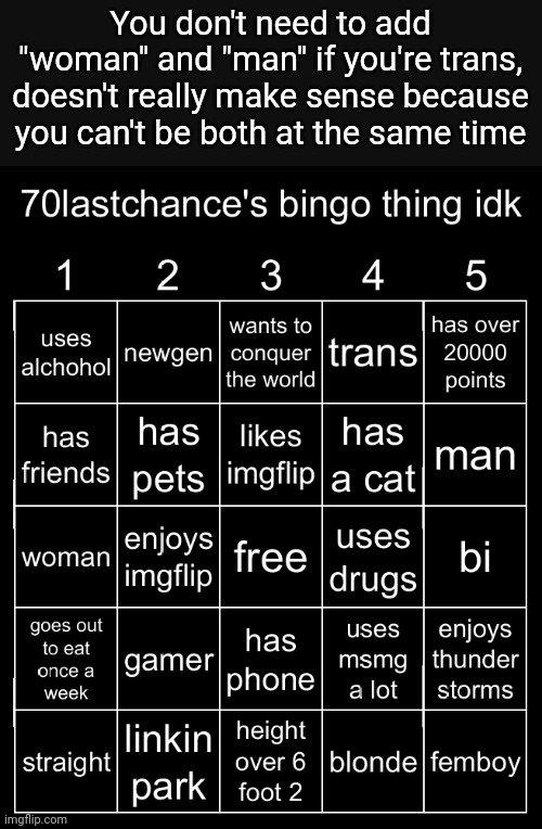 Having a pussy and penis at the same time is like impossible | You don't need to add "woman" and "man" if you're trans, doesn't really make sense because you can't be both at the same time | image tagged in 70lastchance's bingo thing idk | made w/ Imgflip meme maker