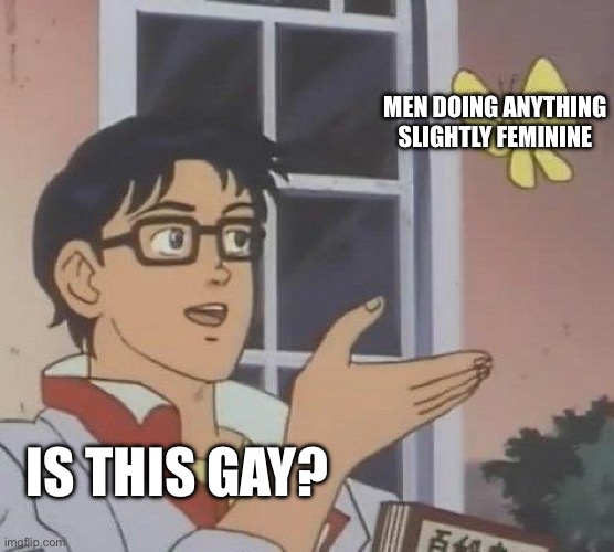 IS THIS GAY? MEN DOING ANYTHING SLIGHTLY FEMININE | image tagged in memes,is this a pigeon | made w/ Imgflip meme maker